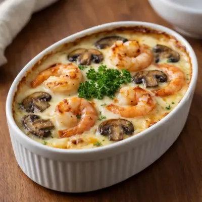 Gratin crémeux crevettes et champignons au four