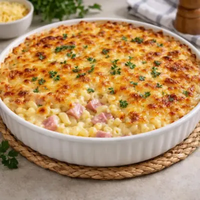 Gratin de coquillettes au jambon : crémeux et doré