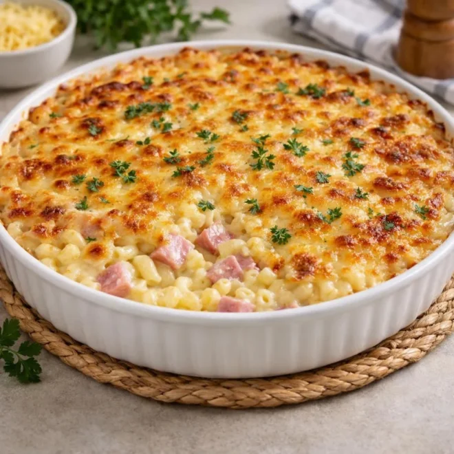 Gratin de coquillettes au jambon : crémeux et doré