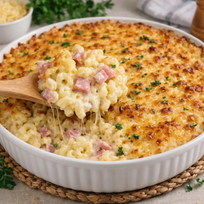 Gratin de coquillettes jambon emmental au four