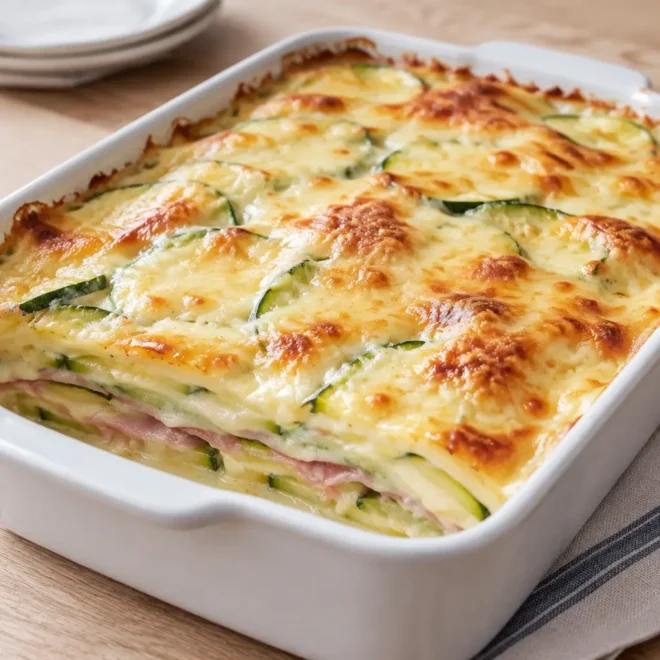 Gratin de courgettes et jambon, crémeux et doré
