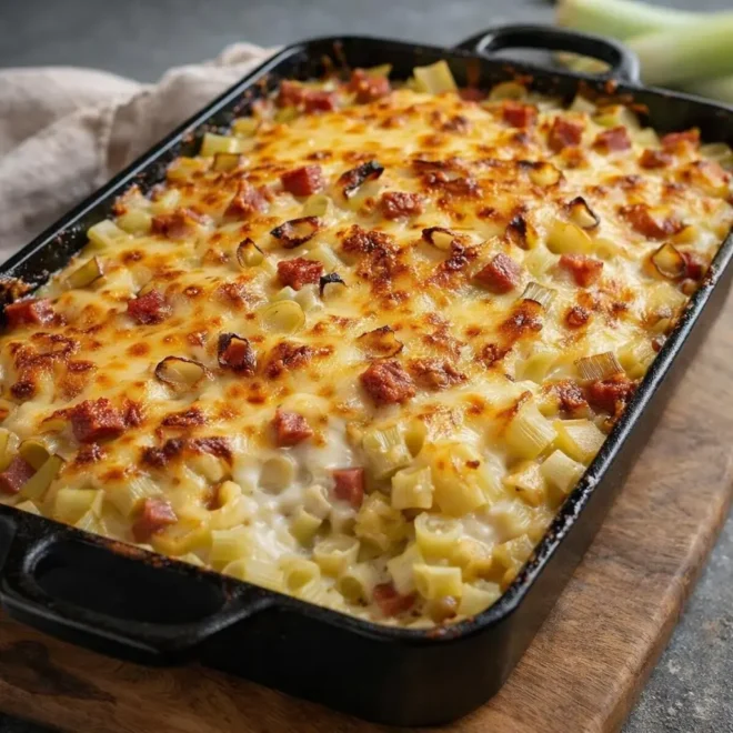 Recette gratin de crozets aux poireaux, comté & chorizo