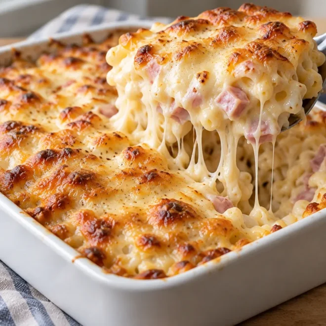 Gratin de macaronis au jambon et mozzarella