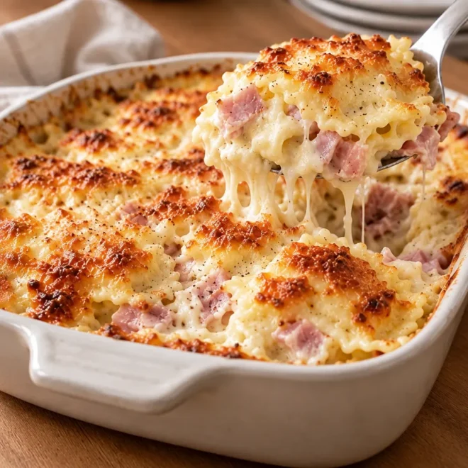 Gratin de pâtes crémeux au jambon facile