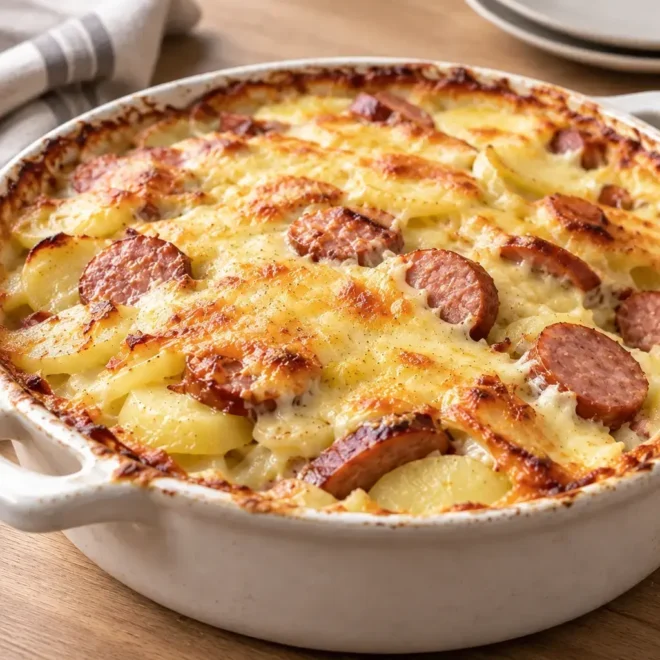 Gratin de pommes de terre à la saucisse et au fromage