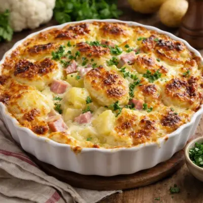Gratin fondant chou-fleur pommes de terre jambon