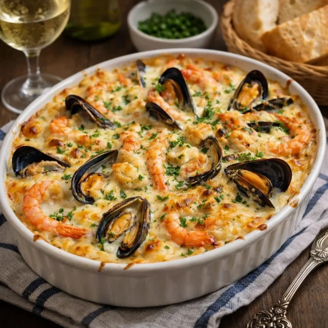 Gratin de moules et crevettes à la béchamel