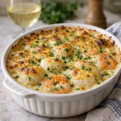 Gratin de noix de Saint-Jacques et crevettes au Comté