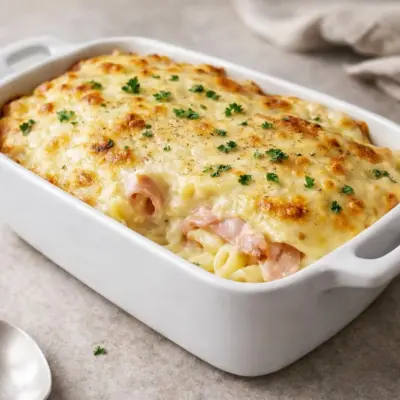 Gratin de pâtes au jambon et béchamel au fromage