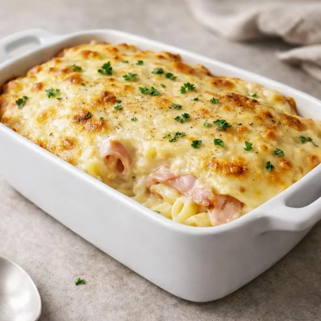 Gratin de pâtes au jambon et béchamel au fromage