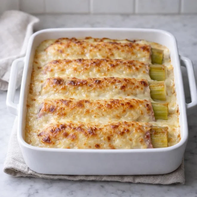 Gratin de poireaux au jambon et à la béchamel