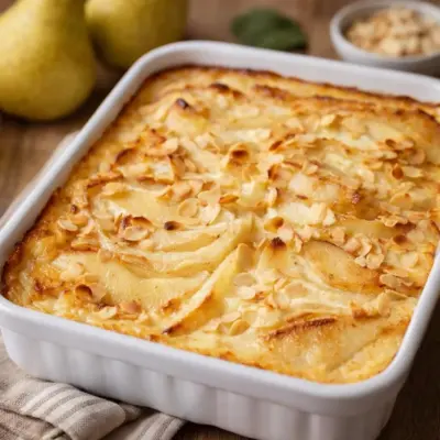 gratin de poires au fromage blanc vanillé et amandes