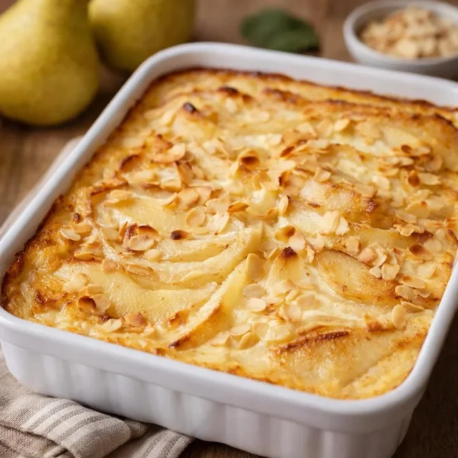 gratin de poires au fromage blanc vanillé et amandes