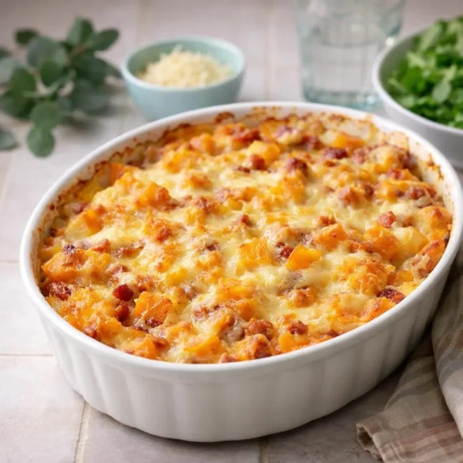 Gratin de pommes de terre butternut et lardons crémeux