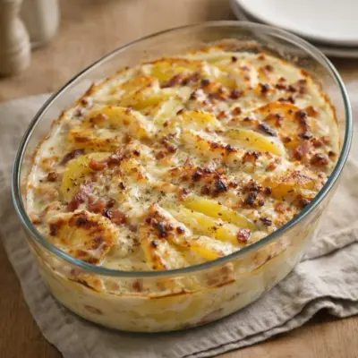 Gratin de pommes de terre au camembert : lardons fumés