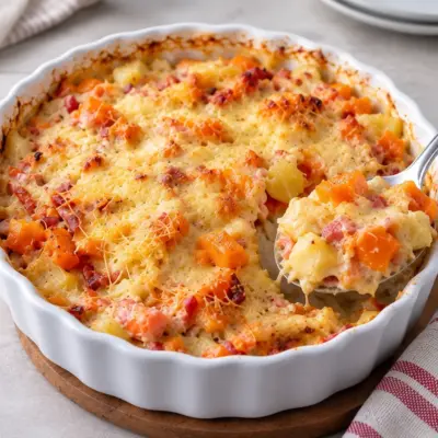 Gratin pommes de terre, courge, jambon et fromage