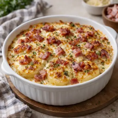 Gratin de pommes de terre au lard fumé, béchamel