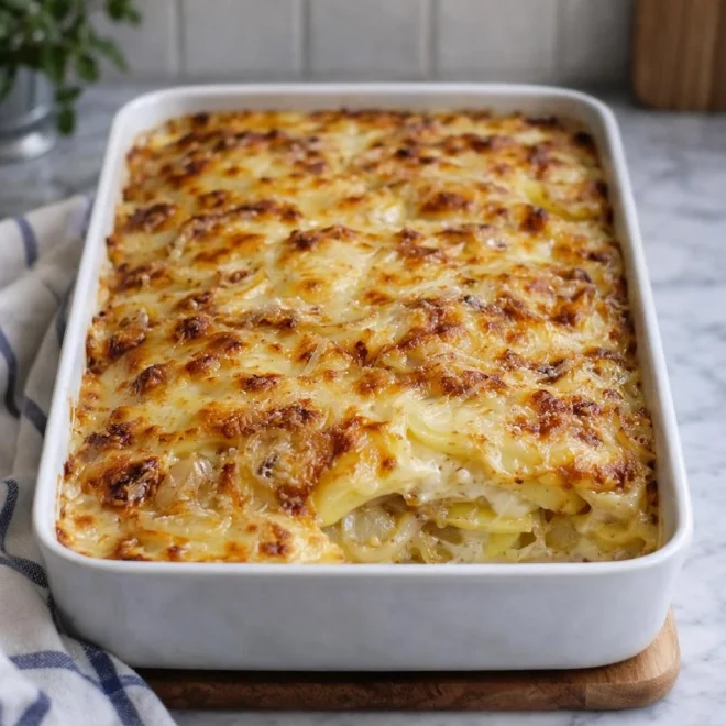 Gratin de pommes de terre à la raclette (oignons dorés)