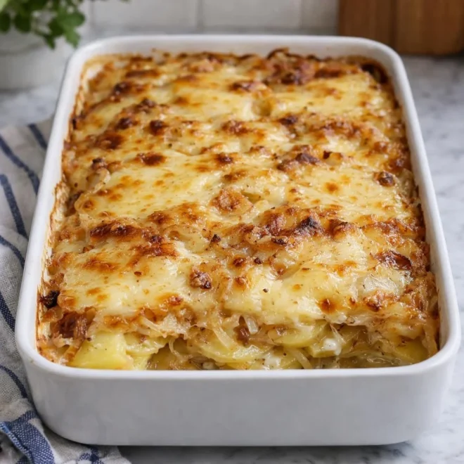 Gratin de pommes de terre à la raclette : oignons dorés