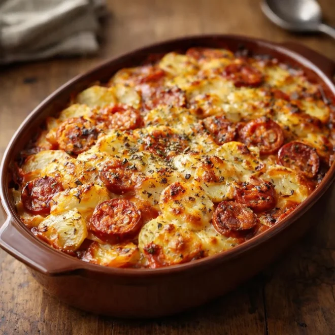Gratin de pommes de terre tomates saucisse au fromage