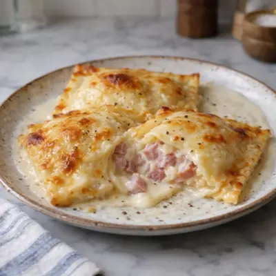 Gratin de raviolis géants farcis au jambon et à la raclette