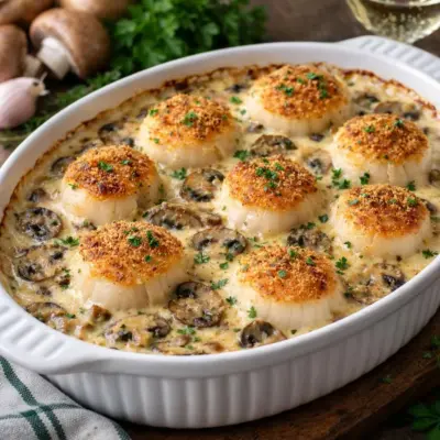 Gratin de Saint-Jacques aux champignons et vin blanc