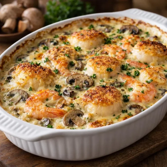 Gratin de Saint-Jacques aux crevettes et champignons