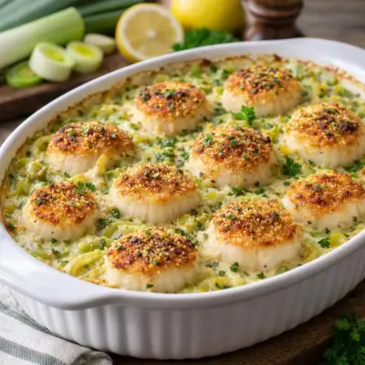 Gratin de Saint-Jacques à la fondue de poireaux
