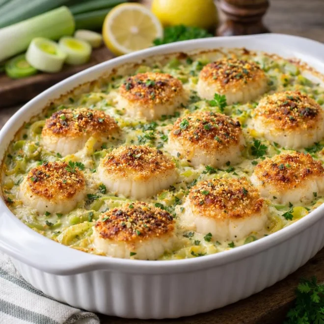 Gratin de Saint-Jacques à la fondue de poireaux