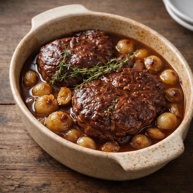 Jarret de bœuf confit sauce ail oignons