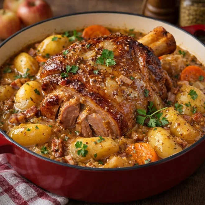 Jarret de porc au cidre et moutarde à l’ancienne