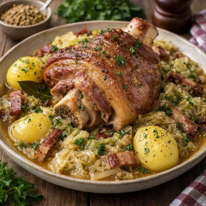 Jarret de porc mijoté au chou et pommes de terre