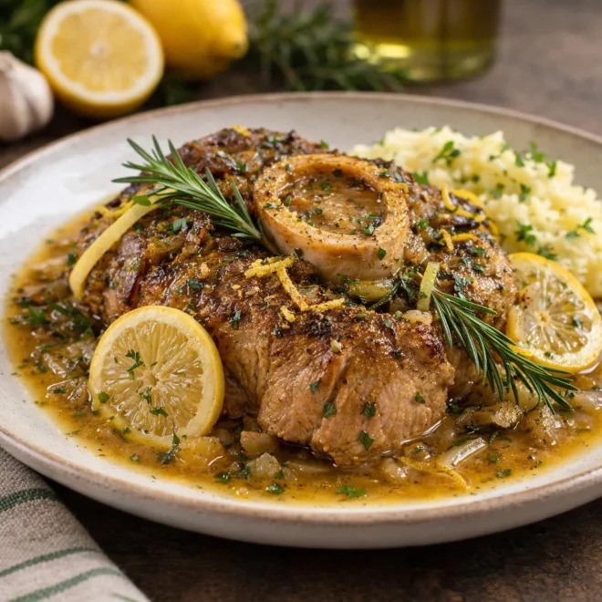 Jarret de veau braisé au citron et romarin, sauce citronnée