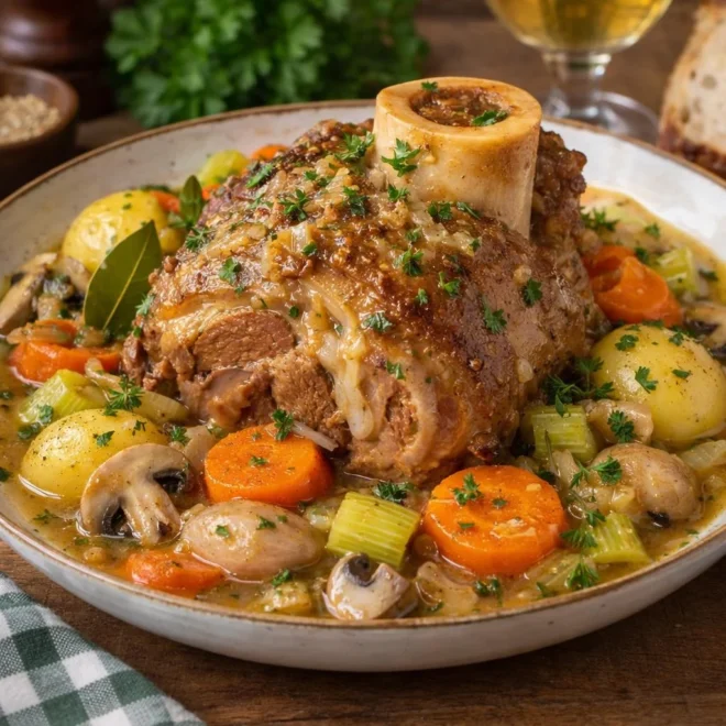 Jarret de veau mijoté au vin blanc et légumes