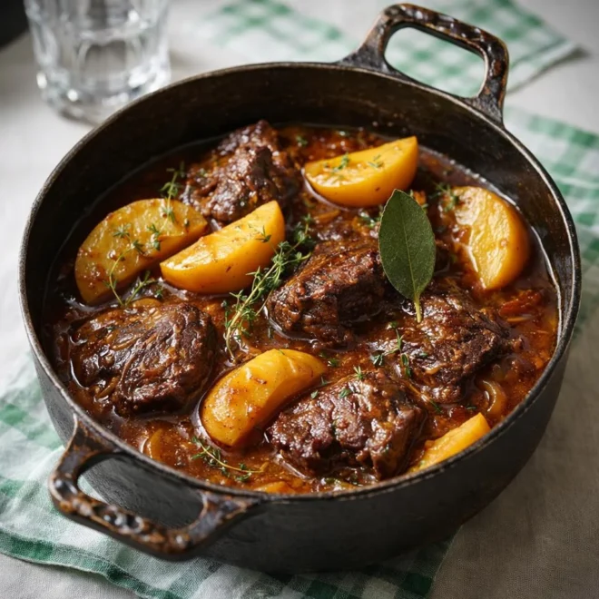 Joue de boeuf au cidre et aux pommes mijotées