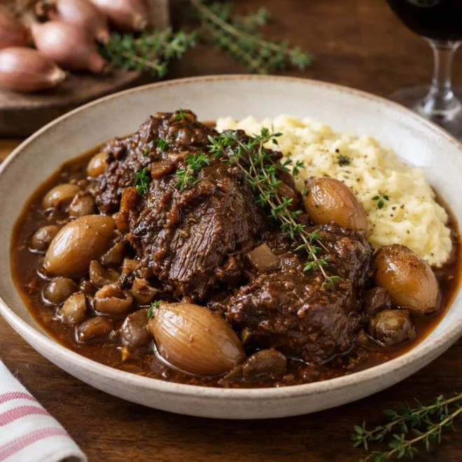 Joue de bœuf au vin blanc aux champignons et crème légère