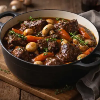 Joue de bœuf aux champignons au vin rouge, fondante