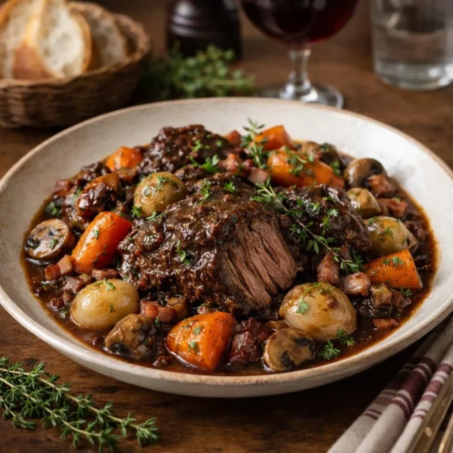 Joue de bœuf façon bourguignon aux petits légumes