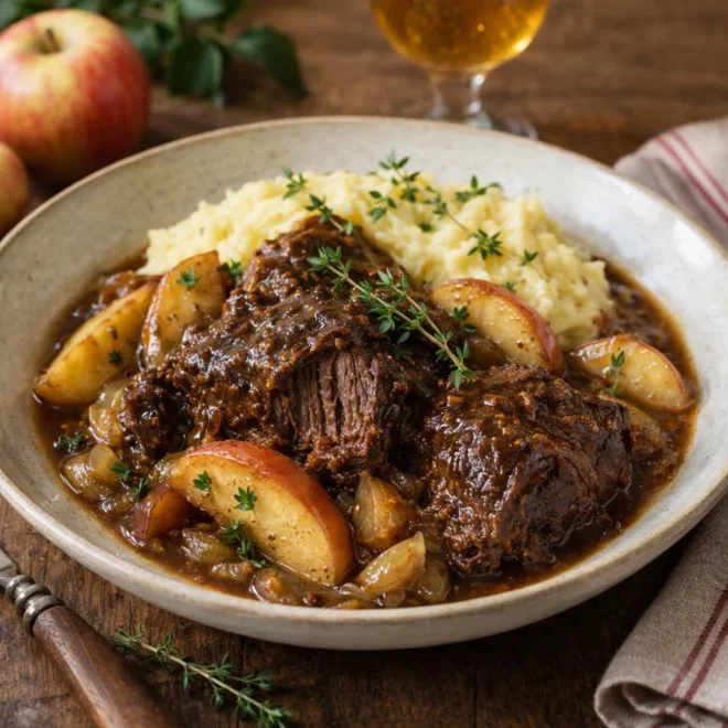Joue de bœuf mijotée au cidre et aux pommes