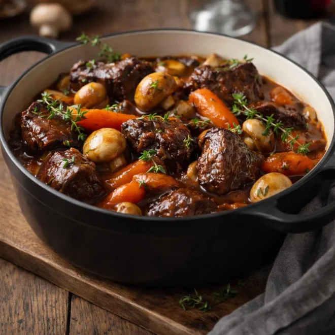 Joue de bœuf au vin rouge aux champignons