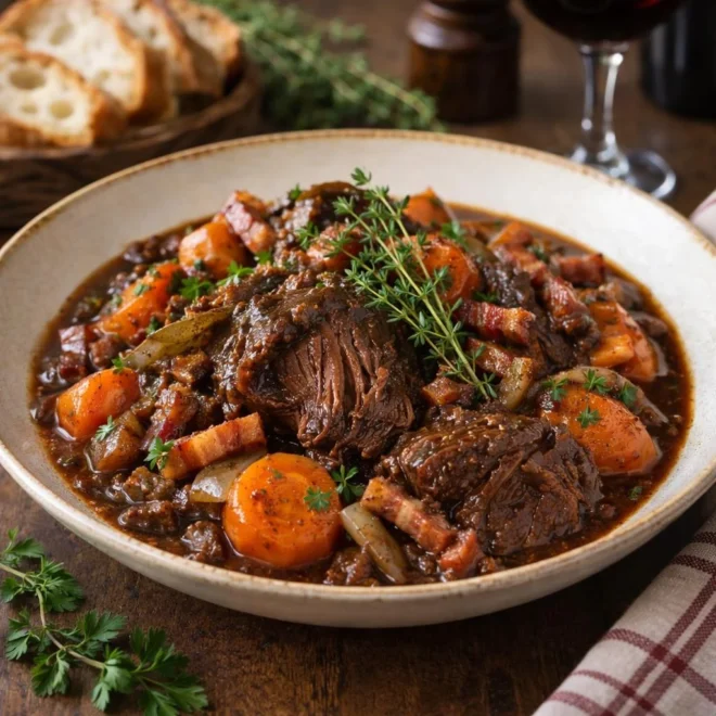 Joue de bœuf mijotée aux carottes et lardons fumés