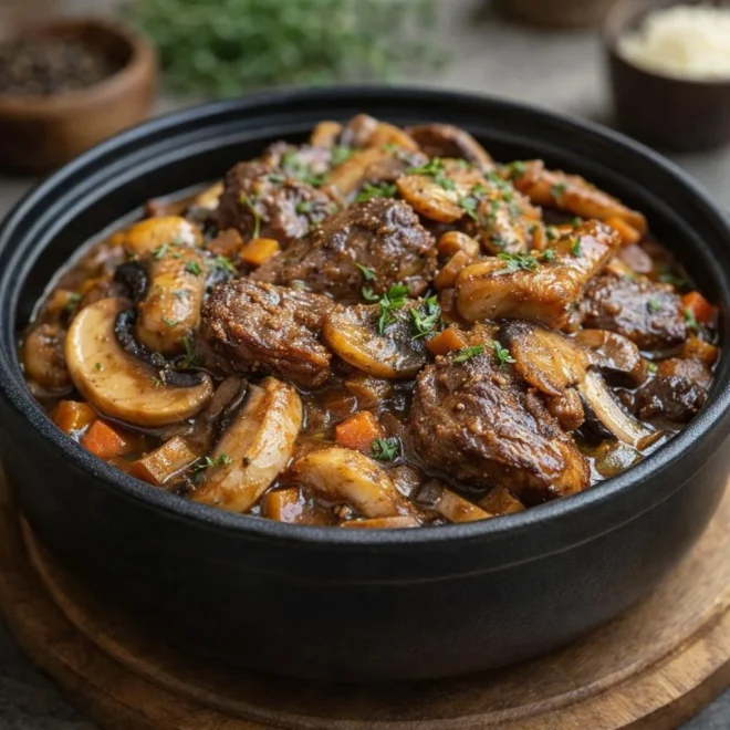 Recette joue de bœuf mijotée aux champignons au vin rouge