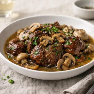 Joues de porc confites aux champignons et vin blanc