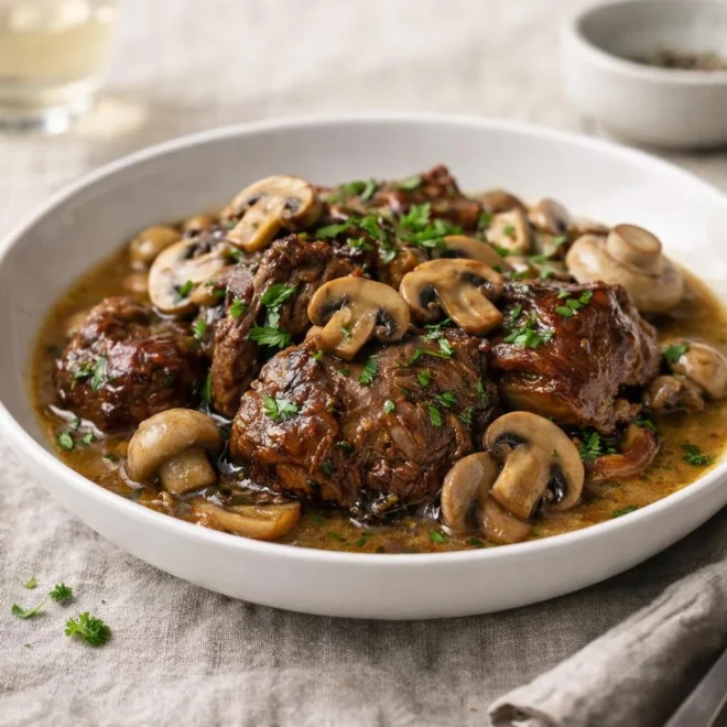 Joues de porc confites aux champignons et vin blanc, cocotte fondante au terroir
