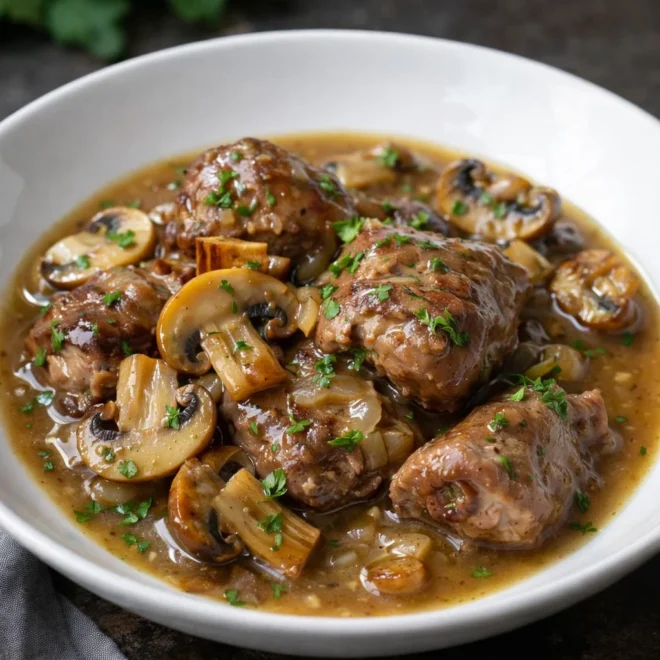 Joues de porc mijotées aux champignons : sauce vin blanc