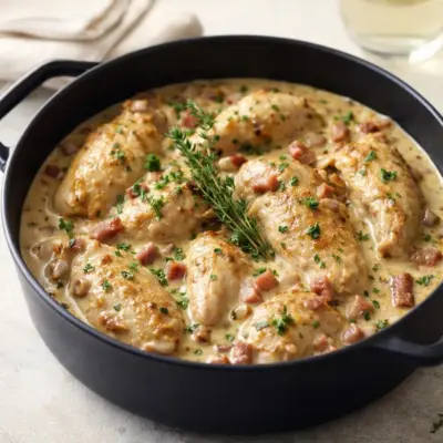 Recette lapin à la moutarde crémeuse aux lardons