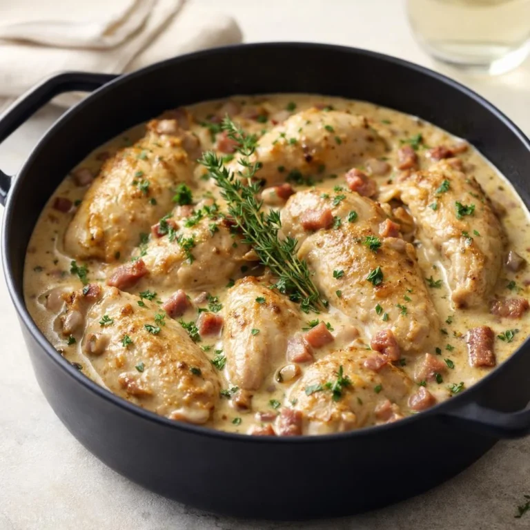 Recette lapin à la moutarde crémeuse aux lardons