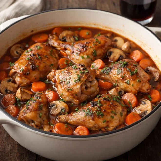 Recette lapin mijoté carottes champignons au vin rouge