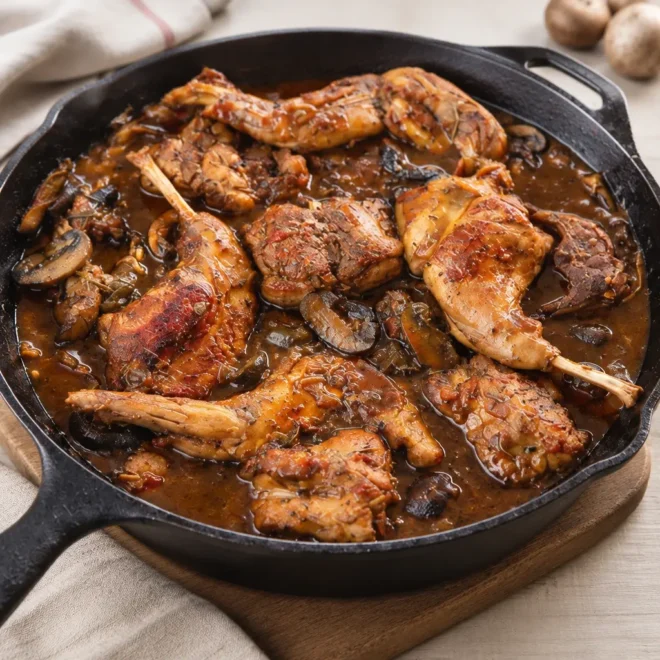 Lapin chasseur aux champignons, recette française