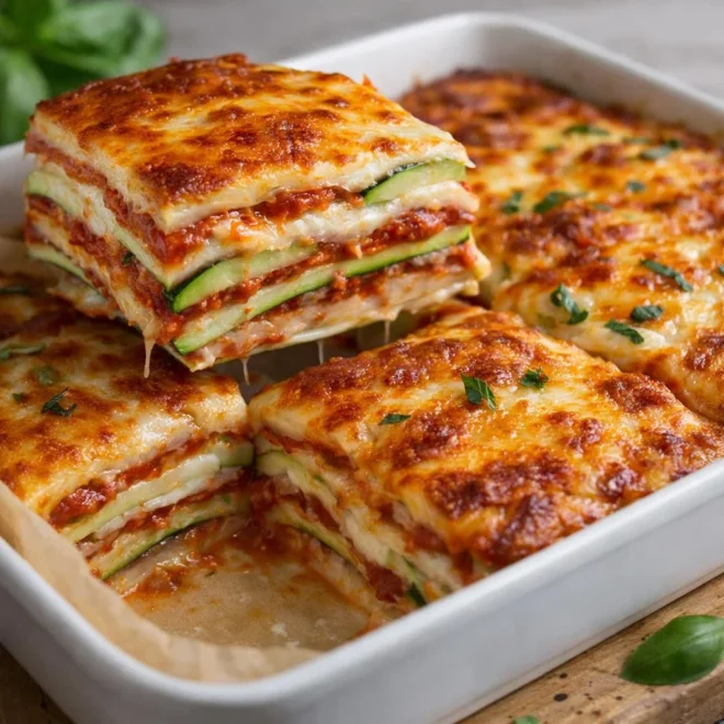 Lasanha de courgette (abobrinha) à la sauce tomate et au fromage, sans pâtes